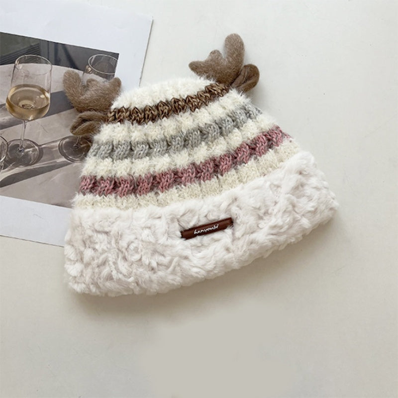 Christmas Knitted Hat With Cute Deer Antler Winter Warm Thick Hat For Girls Women