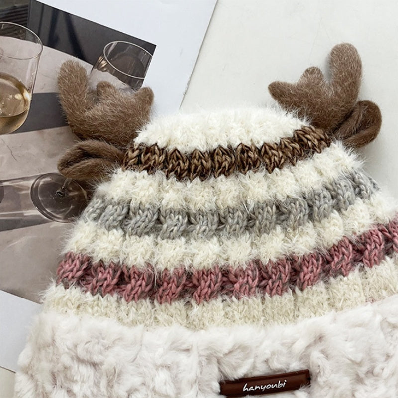 Christmas Knitted Hat With Cute Deer Antler Winter Warm Thick Hat For Girls Women